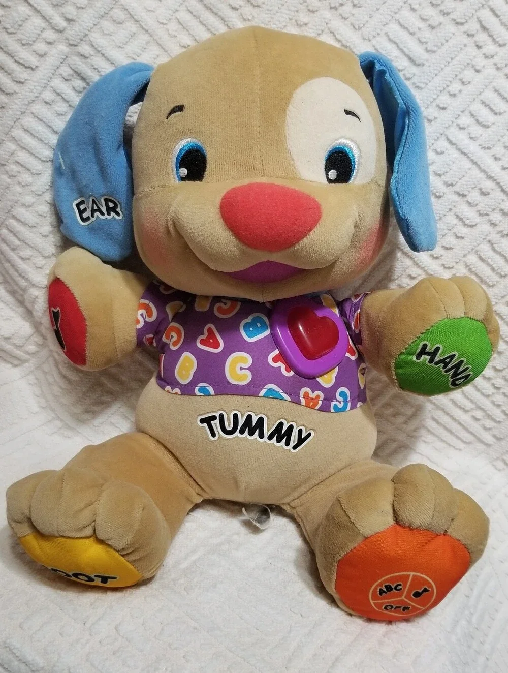 Fisher-Price Laugh & Learn Tan Plush Puppy with Purple Shirt & Blue Ears